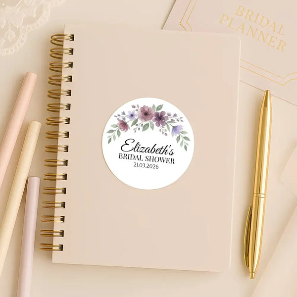 Personalised Mauve & Plum Floral Bridal Shower Stickers – Custom Name & Date – Watercolour Favour Labels - Sticksy Prints Australia