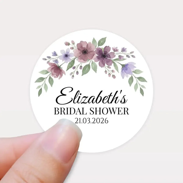 Personalised Mauve & Plum Floral Bridal Shower Stickers – Custom Name & Date – Watercolour Favour Labels - Sticksy Prints Australia