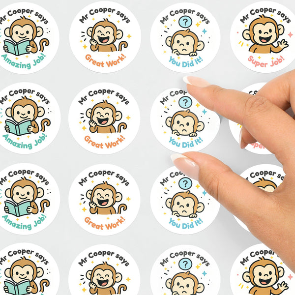 Personalised Monkey Teacher Reward Stickers – Custom Name Classroom Praise Stickers