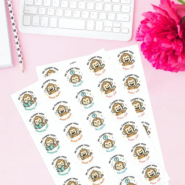 Personalised Monkey Teacher Reward Stickers – Custom Name Classroom Praise Stickers - Sticksy Prints Australia