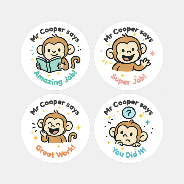 Personalised Monkey Teacher Reward Stickers – Custom Name Classroom Praise Stickers