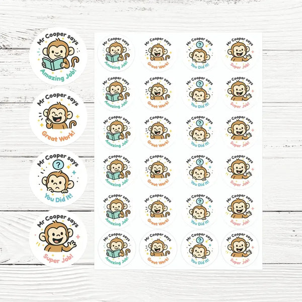 Personalised Monkey Teacher Reward Stickers – Custom Name Classroom Praise Stickers - Sticksy Prints Australia