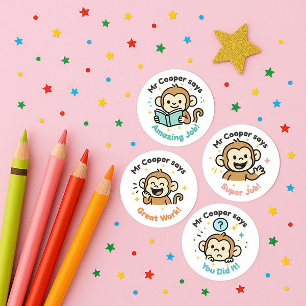 Personalised Monkey Teacher Reward Stickers – Custom Name Classroom Praise Stickers