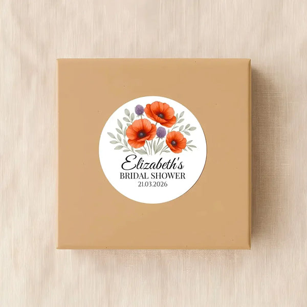 Personalised Orange Poppy Bridal Shower Stickers – Custom Name & Date – Watercolour Floral Favour Labels - Sticksy Prints Australia