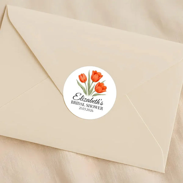 Personalised Orange Tulip Bridal Shower Stickers – Custom Name & Date – Watercolour Floral Favour Labels - Sticksy Prints Australia