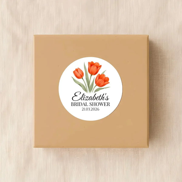 Personalised Orange Tulip Bridal Shower Stickers – Custom Name & Date – Watercolour Floral Favour Labels - Sticksy Prints Australia