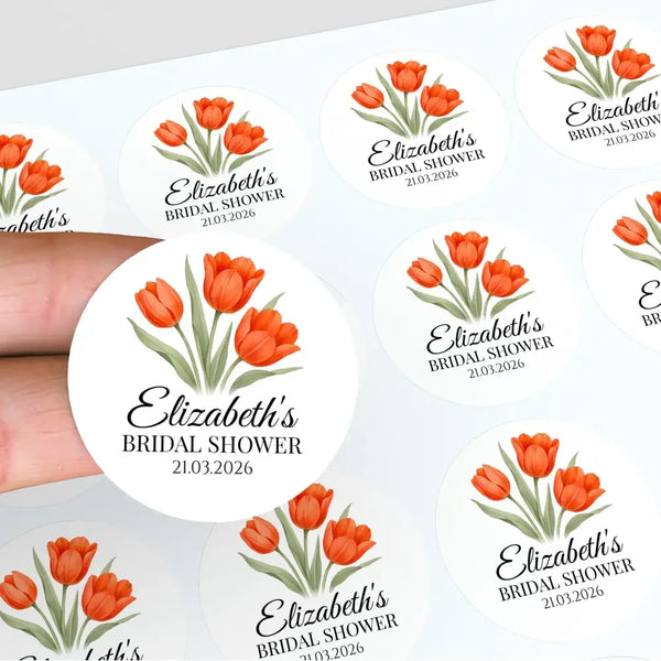 Personalised Orange Tulip Bridal Shower Stickers – Custom Name & Date – Watercolour Floral Favour Labels - Sticksy Prints Australia