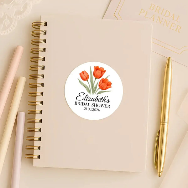 Personalised Orange Tulip Bridal Shower Stickers – Custom Name & Date – Watercolour Floral Favour Labels - Sticksy Prints Australia