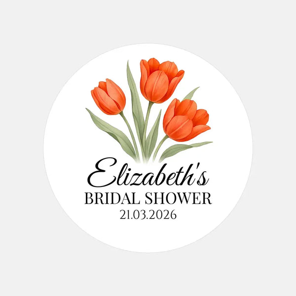 Personalised Orange Tulip Bridal Shower Stickers – Custom Name & Date – Watercolour Floral Favour Labels - Sticksy Prints Australia