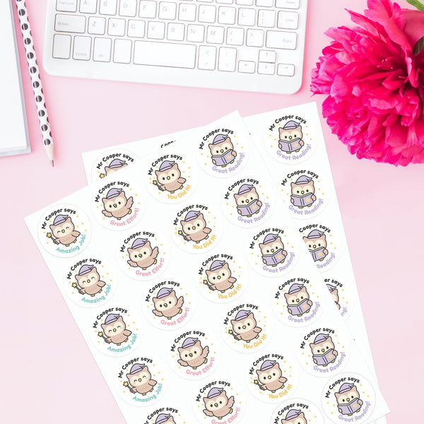 Personalised Owl Teacher Reward Stickers – Custom Name Classroom Praise Stickers