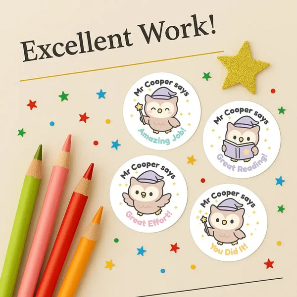 Personalised Owl Teacher Reward Stickers – Custom Name Classroom Praise Stickers - Sticksy Prints Australia