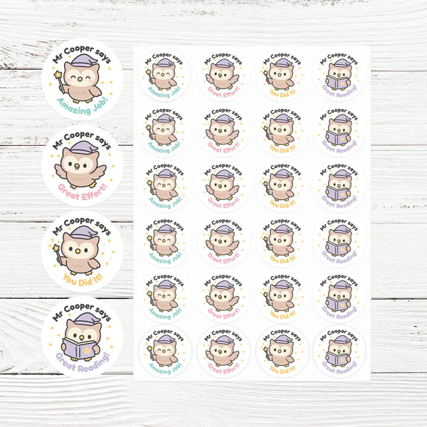 Personalised Owl Teacher Reward Stickers – Custom Name Classroom Praise Stickers