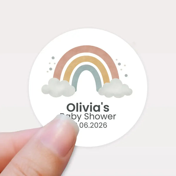 Personalised Pastel Rainbow Baby Shower Stickers – Scandi Boho Gender-Neutral Favour Labels - Sticksy Prints Australia