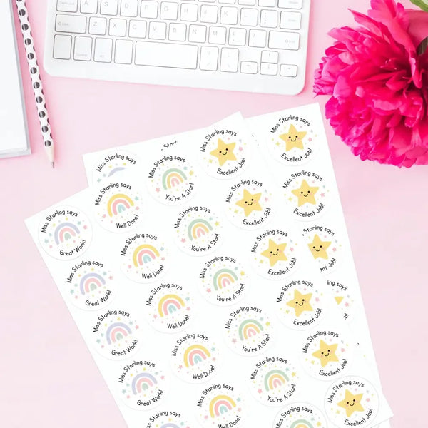 Personalised Pastel Rainbow & Star Teacher Reward Stickers – Custom Name Classroom Labels - Sticksy Prints Australia