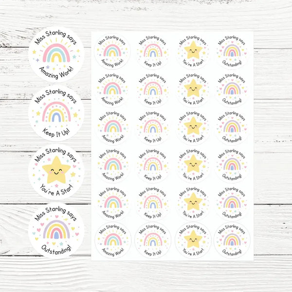 Personalised Pastel Rainbow & Star Teacher Reward Stickers – Custom Name Classroom Praise Labels - Sticksy Prints Australia