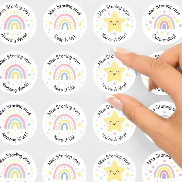 Personalised Pastel Rainbow & Star Teacher Reward Stickers – Custom Name Classroom Praise Labels - Sticksy Prints Australia