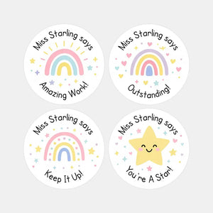 Personalised Pastel Rainbow & Star Teacher Reward Stickers – Custom Name Classroom Praise Labels