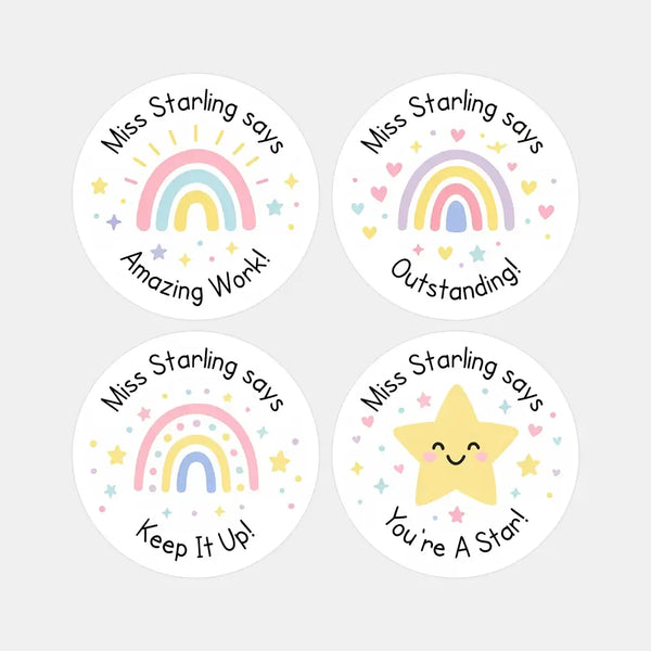 Personalised Pastel Rainbow & Star Teacher Reward Stickers – Custom Name Classroom Praise Labels - Sticksy Prints Australia