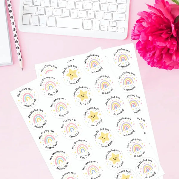 Personalised Pastel Rainbow & Star Teacher Reward Stickers – Custom Name Classroom Praise Labels - Sticksy Prints Australia