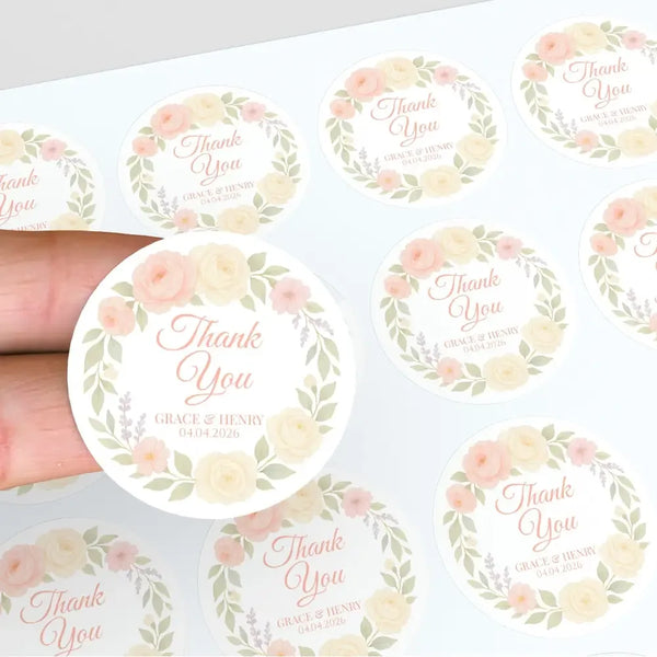 Personalised Peach & Blush Rose Wedding Thank You Stickers – Custom Floral Favour Labels - Sticksy Prints Australia