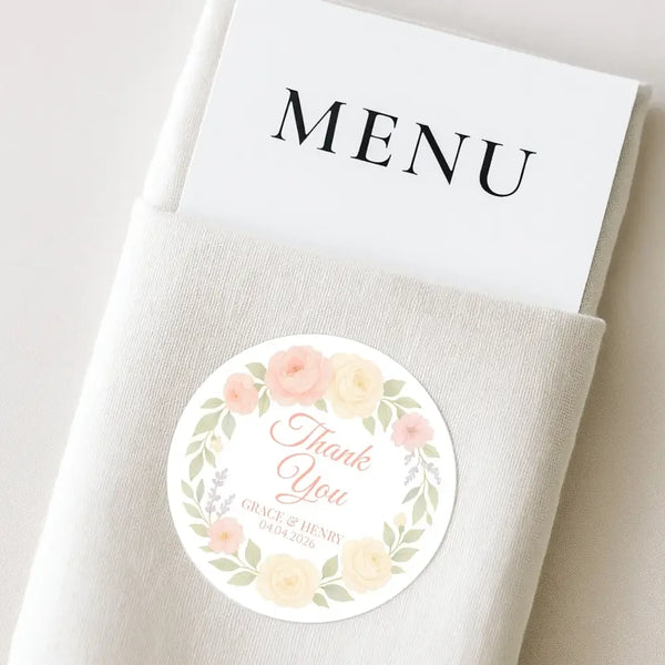 Personalised Peach & Blush Rose Wedding Thank You Stickers – Custom Floral Favour Labels - Sticksy Prints Australia