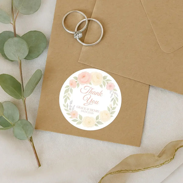 Personalised Peach & Blush Rose Wedding Thank You Stickers – Custom Floral Favour Labels - Sticksy Prints Australia