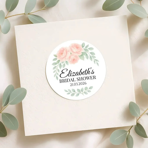 Personalised Peach Rose Bridal Shower Stickers – Custom Name & Date – Watercolour Floral Favour Labels - Sticksy Prints Australia