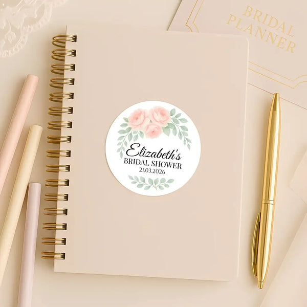 Personalised Peach Rose Bridal Shower Stickers – Custom Name & Date – Watercolour Floral Favour Labels - Sticksy Prints Australia