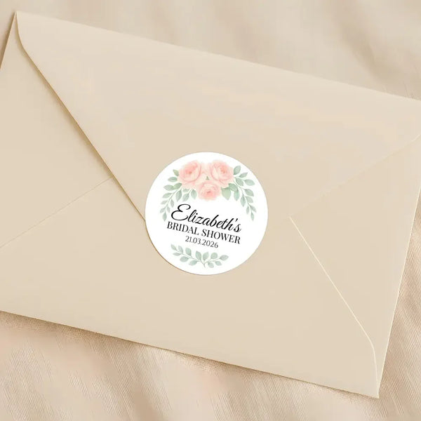 Personalised Peach Rose Bridal Shower Stickers – Custom Name & Date – Watercolour Floral Favour Labels - Sticksy Prints Australia