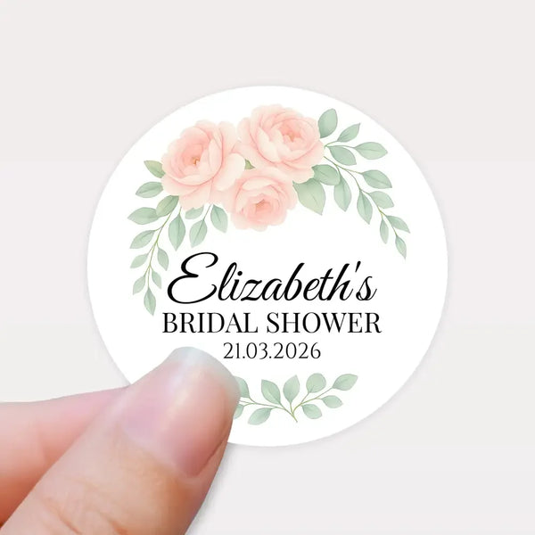 Personalised Peach Rose Bridal Shower Stickers – Custom Name & Date – Watercolour Floral Favour Labels - Sticksy Prints Australia