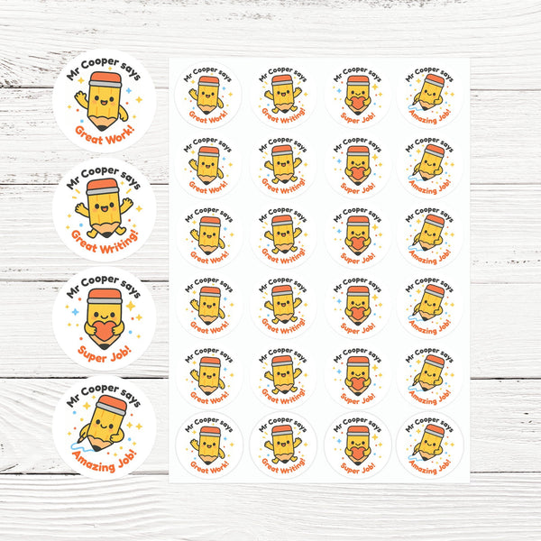 Personalised Pencil Teacher Reward Stickers – Custom Name Classroom Praise Stickers