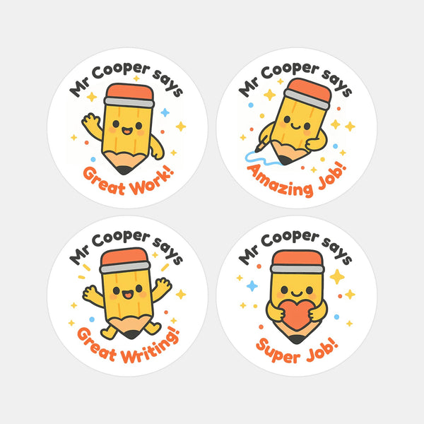 Personalised Pencil Teacher Reward Stickers – Custom Name Classroom Praise Stickers
