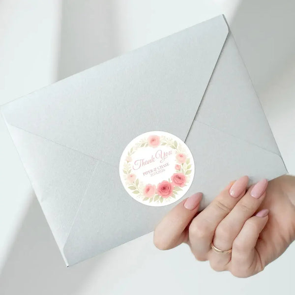 Personalised Pink Rose Wedding Thank You Stickers – Custom Blush Floral Favour Labels - Sticksy Prints Australia