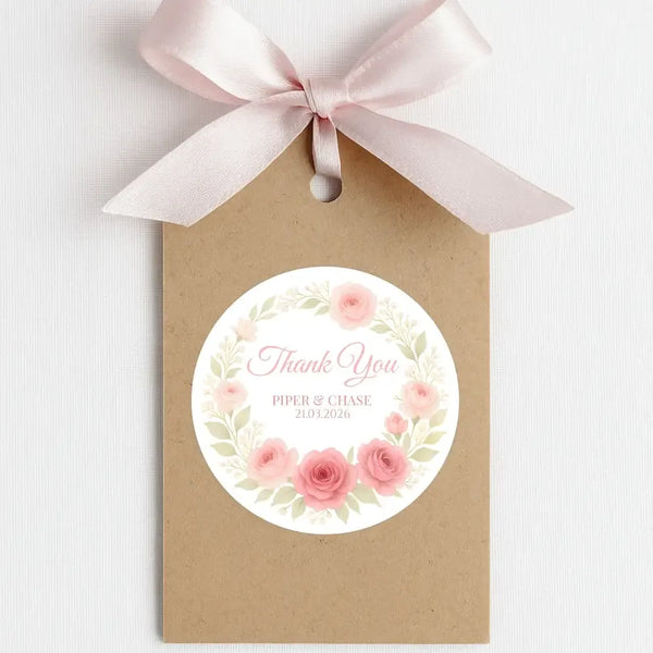 Personalised Pink Rose Wedding Thank You Stickers – Custom Blush Floral Favour Labels - Sticksy Prints Australia