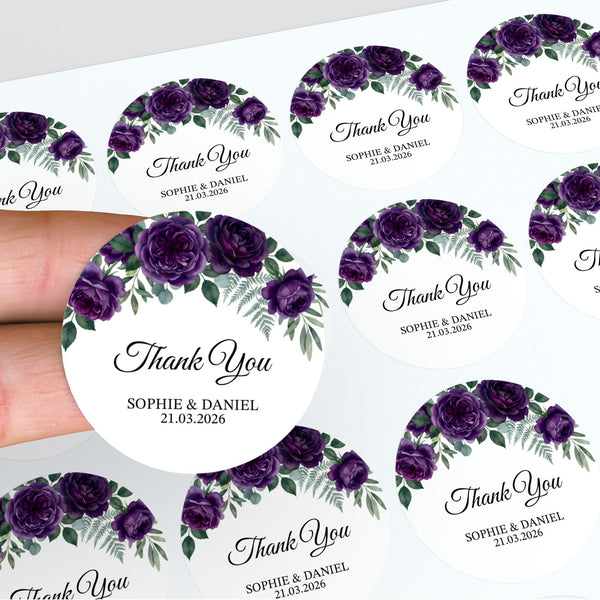 Personalised Plum Rose Wedding Thank You Stickers | Dark Floral Favour Labels