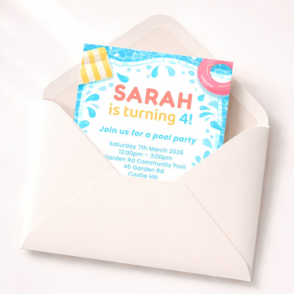 Personalised Pool Party Birthday Invitations | Kids Swimming Party Invites | Custom Printed Birthday Invitations