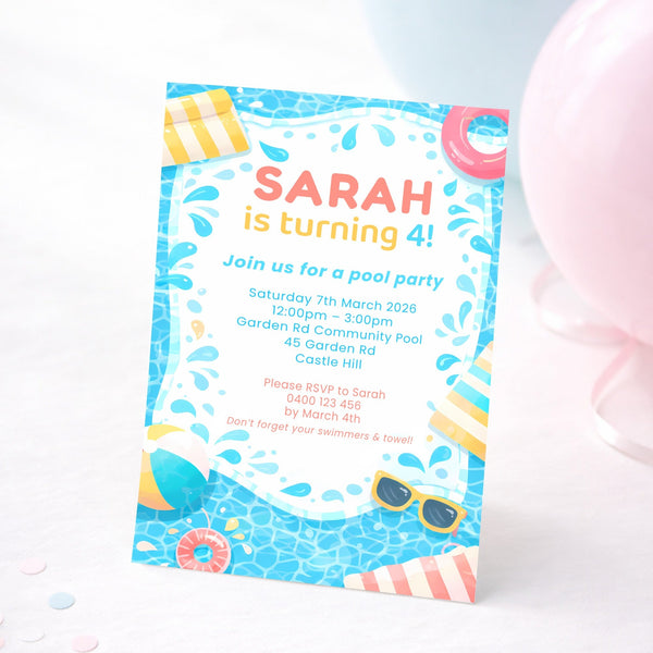 Personalised Pool Party Birthday Invitations | Kids Swimming Party Invites | Custom Printed Birthday Invitations