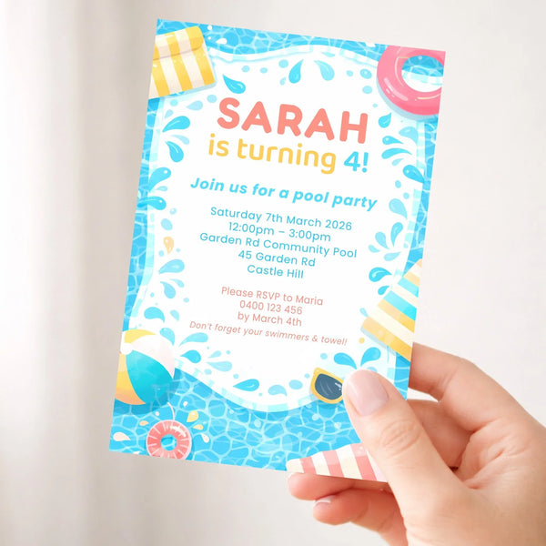 Personalised Pool Party Birthday Invitations | Kids Swimming Party Invites | Custom Printed Birthday Invitations - Sticksy Prints Australia