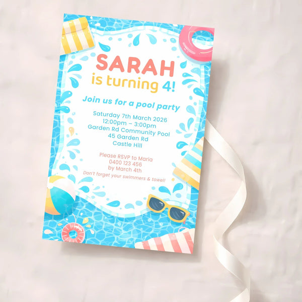 Personalised Pool Party Birthday Invitations | Kids Swimming Party Invites | Custom Printed Birthday Invitations - Sticksy Prints Australia