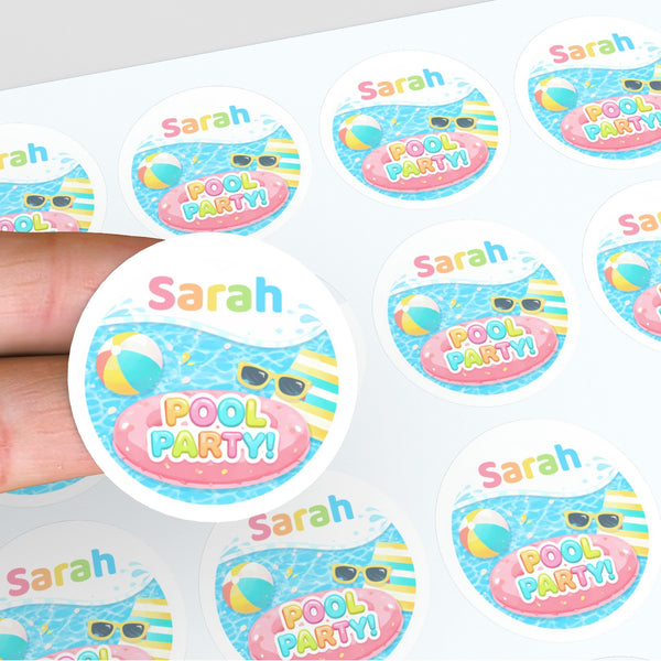 Personalised Pool Party Birthday Stickers for Kids | Custom Name Stickers