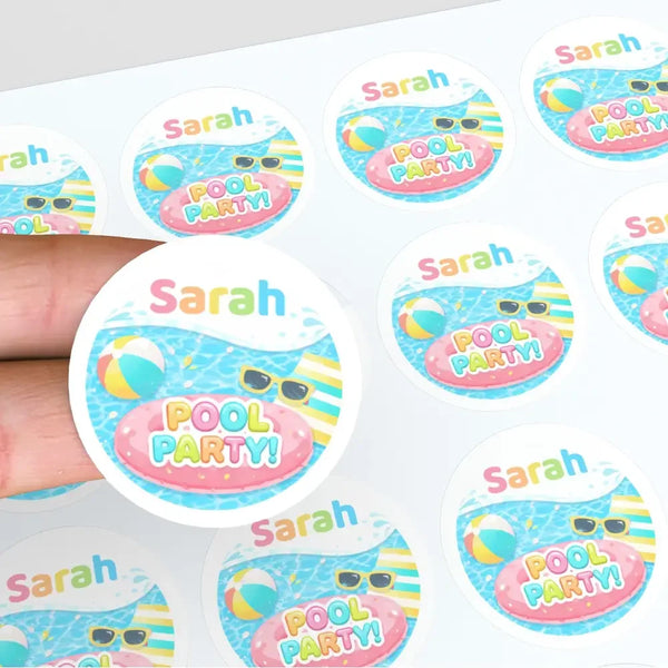 Personalised Pool Party Birthday Stickers for Kids | Custom Name Stickers - Sticksy Prints Australia