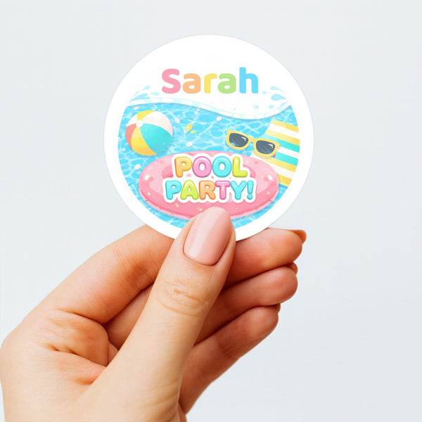 Personalised Pool Party Birthday Stickers for Kids | Custom Name Stickers
