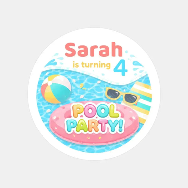 Personalised Pool Party Stickers for Kids Birthday | Custom Name Party Favours - Sticksy Prints Australia