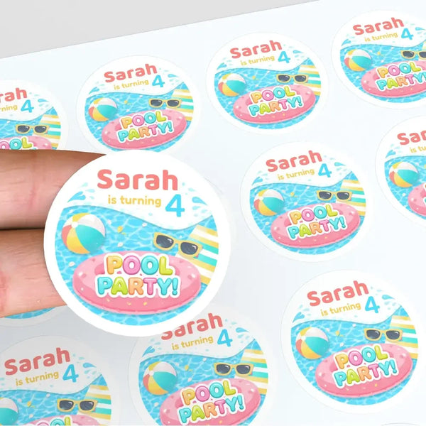Personalised Pool Party Stickers for Kids Birthday | Custom Name Party Favours - Sticksy Prints Australia