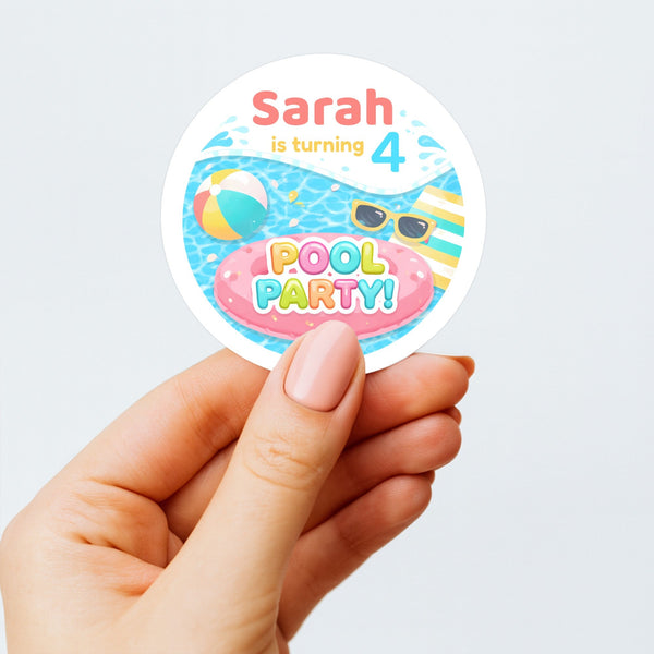 Personalised Pool Party Stickers for Kids Birthday | Custom Name Party Favours