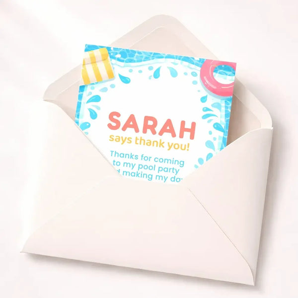 Personalised Pool Party Thank You Cards | Kids Birthday Thank You | Swimming Party Thank You Card - Sticksy Prints Australia