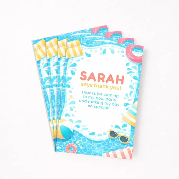 Personalised Pool Party Thank You Cards | Kids Birthday Thank You | Swimming Party Thank You Card - Sticksy Prints Australia