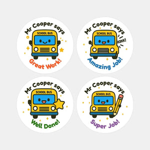 Personalised School Bus Teacher Reward Stickers – Custom Name Classroom Stickers