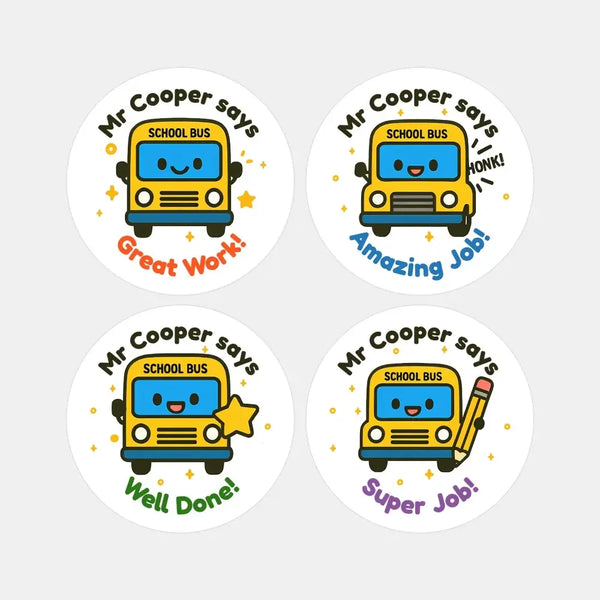 Personalised School Bus Teacher Reward Stickers – Custom Name Classroom Stickers - Sticksy Prints Australia