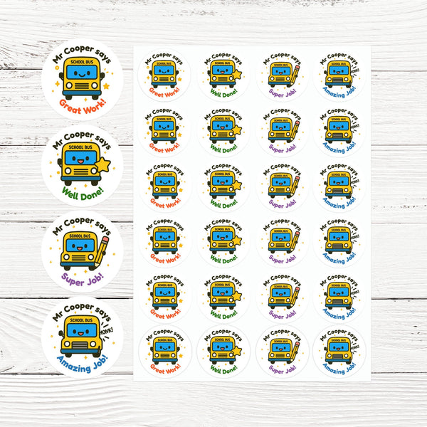 Personalised School Bus Teacher Reward Stickers – Custom Name Classroom Stickers